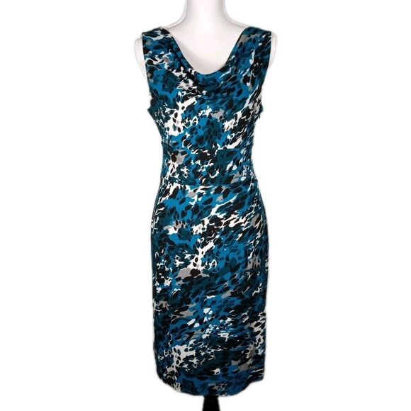 Ann Taylor Teal Blue Leopard Print Sheath Dress Sleeveless Cowl Neck Sz S-M EUC - Picture 1 of 7